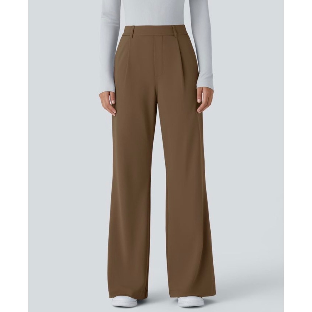 Halara Wide Leg Trousers Medium Brown High Waisted Stretch Workwear Pants